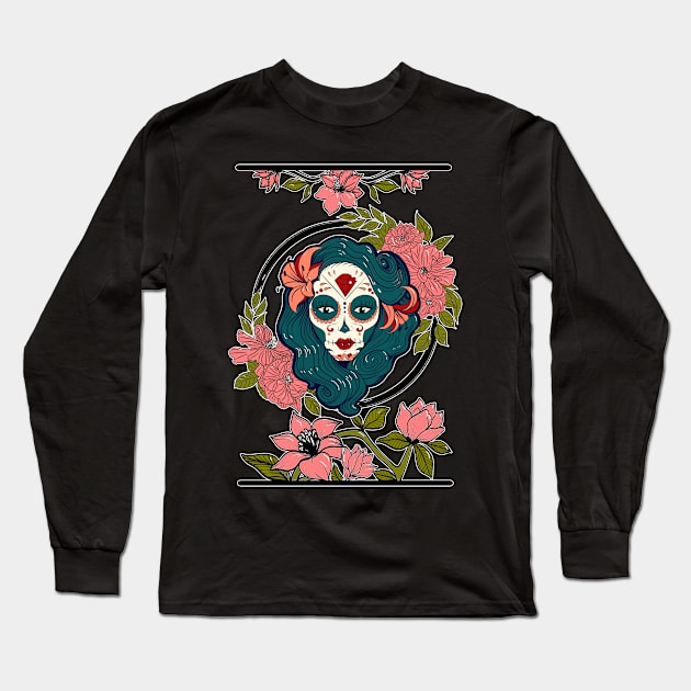 Sugar Skull Girl Floral Magnolia Long Sleeve T-Shirt by Redmanrooster